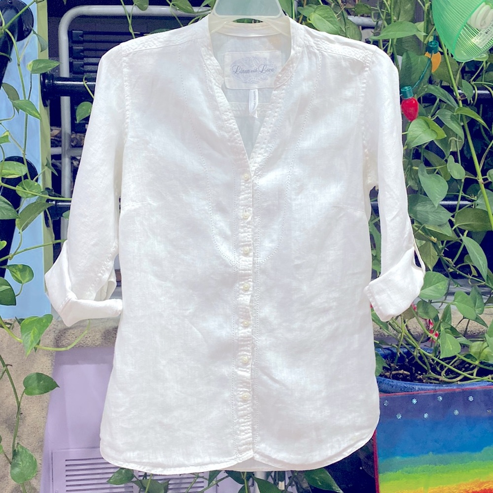 Marks & Spencer 100% Linen with Love White Button Down Collarless Shirt !